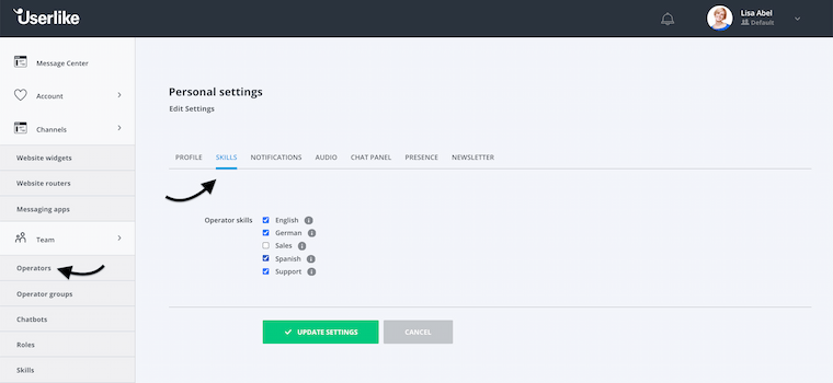 Userlike dashboard settings for assigning skills to operators
