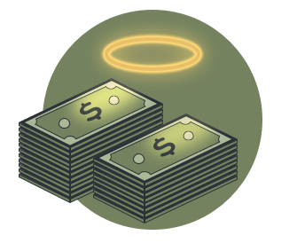 Money stacks with a halo above them.
