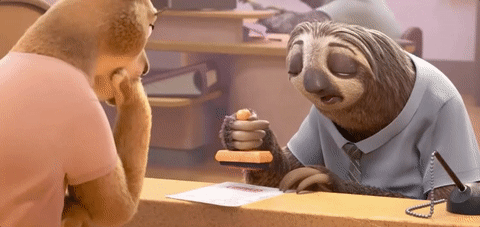 Sloth stamping a form in slow motion in the movie Zootopia.