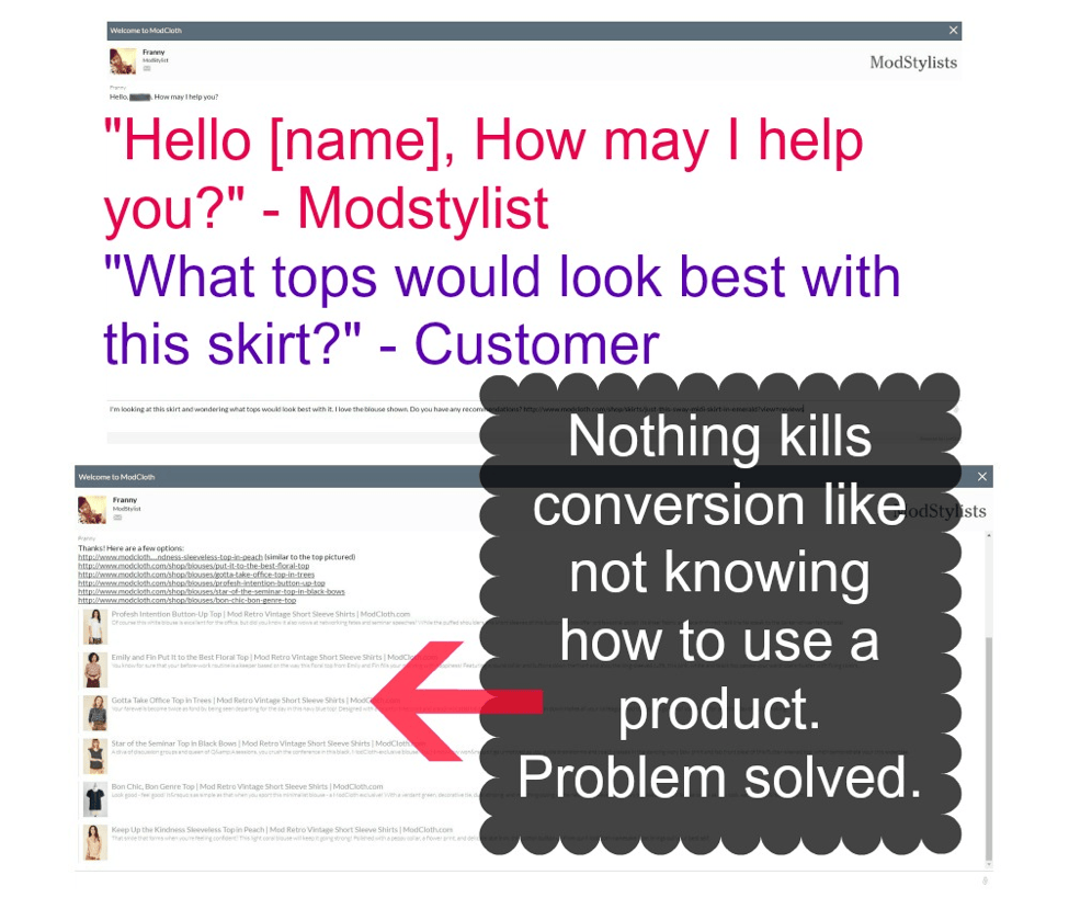 Conversation between modstylist and customer.
