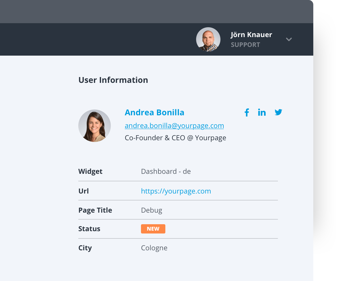 Profil du client dans le panneau de discussion de Userlike.