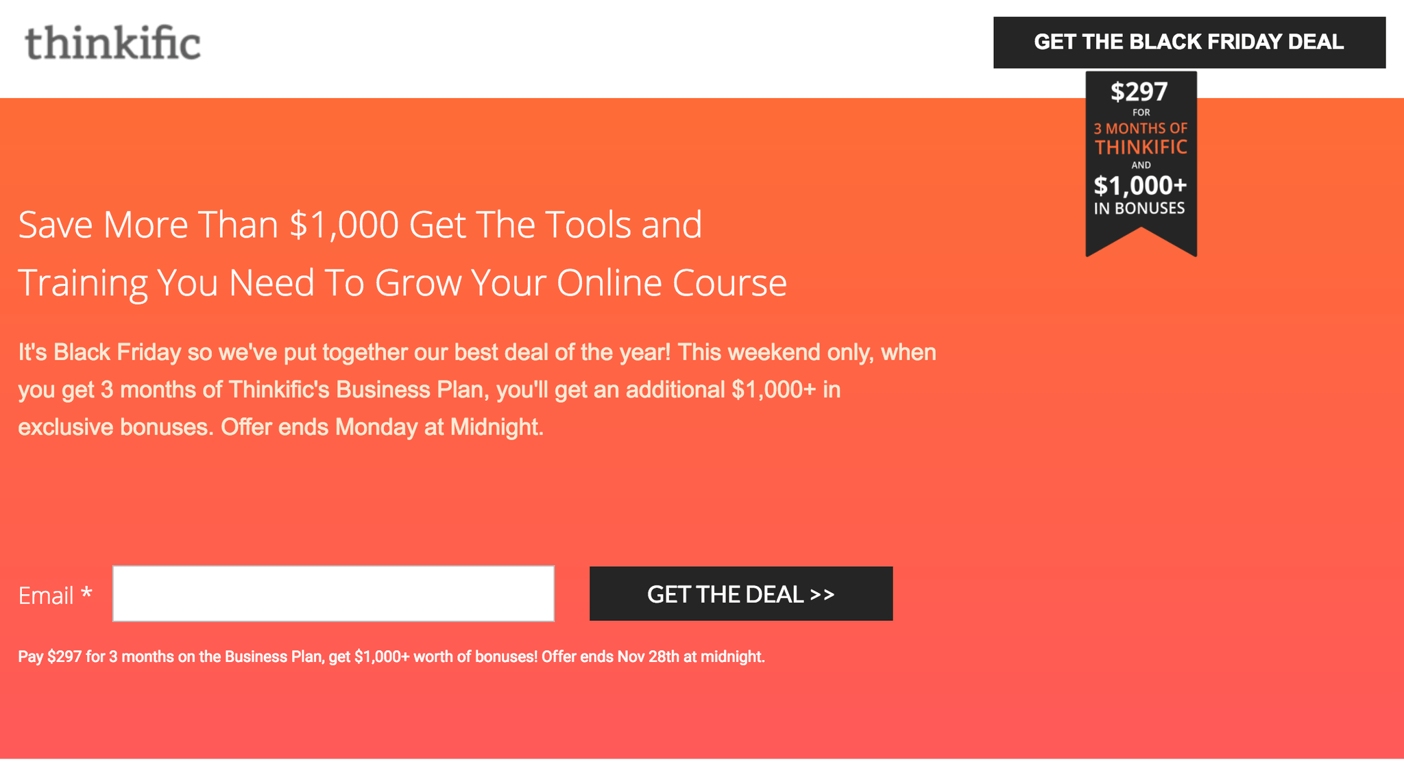 screenshot of the thinkific website