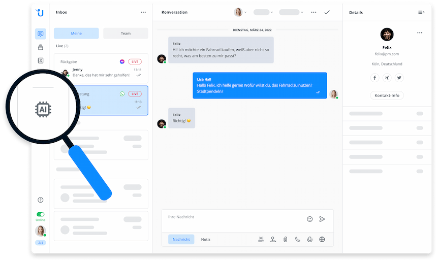 Userlike Message Center AI button to access AI Automation Hub