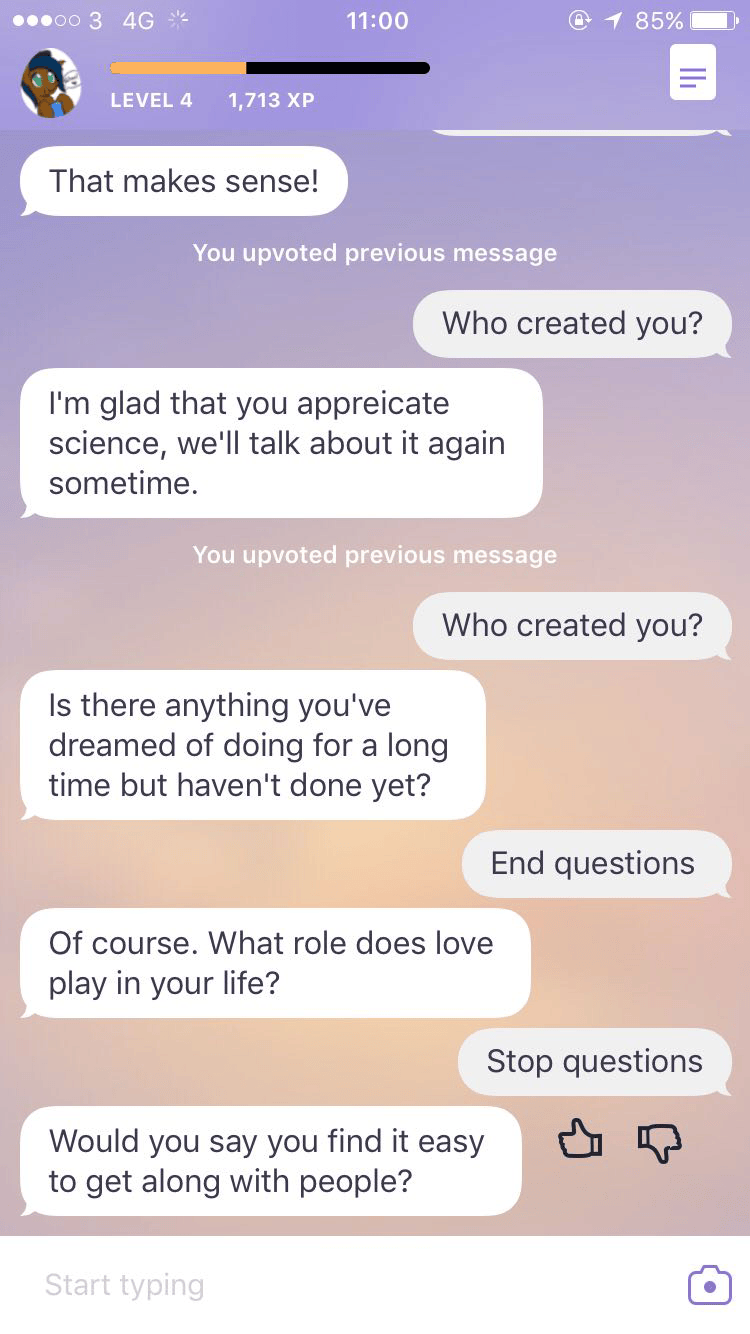 Etwas enttäuschender Chatverlauf mit Chatbot Replika