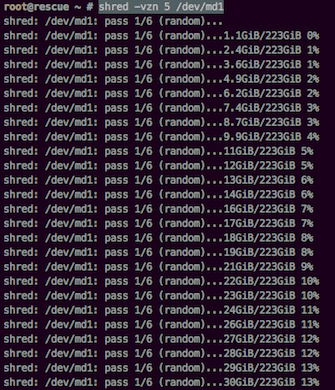 Screenshot der Kommandozeilen-Aufnahme bei der Löschung einer Server-Festplatte.
