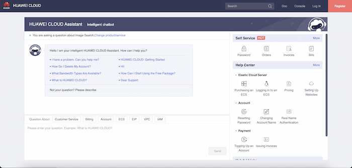 Huawei Cloud Assistant showing conversation topics