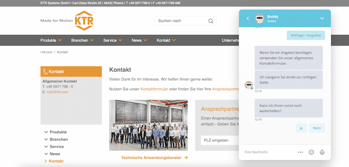 Screenshot of KTR Systems' chatbot Buddy