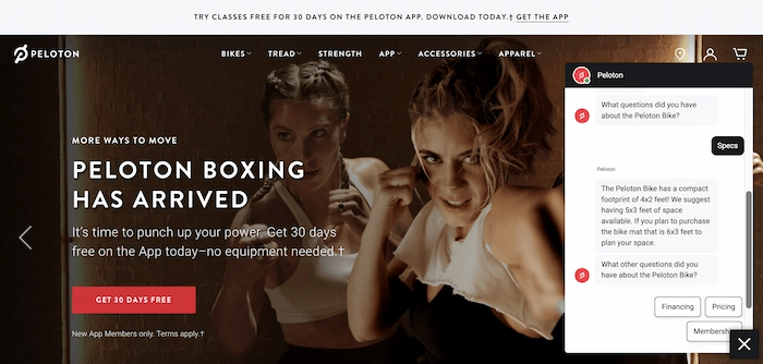 Screenshot of Peloton's chatbot sharing bike specs