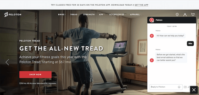 Captura de pantalla del chatbot de Peloton saludando a un usuario