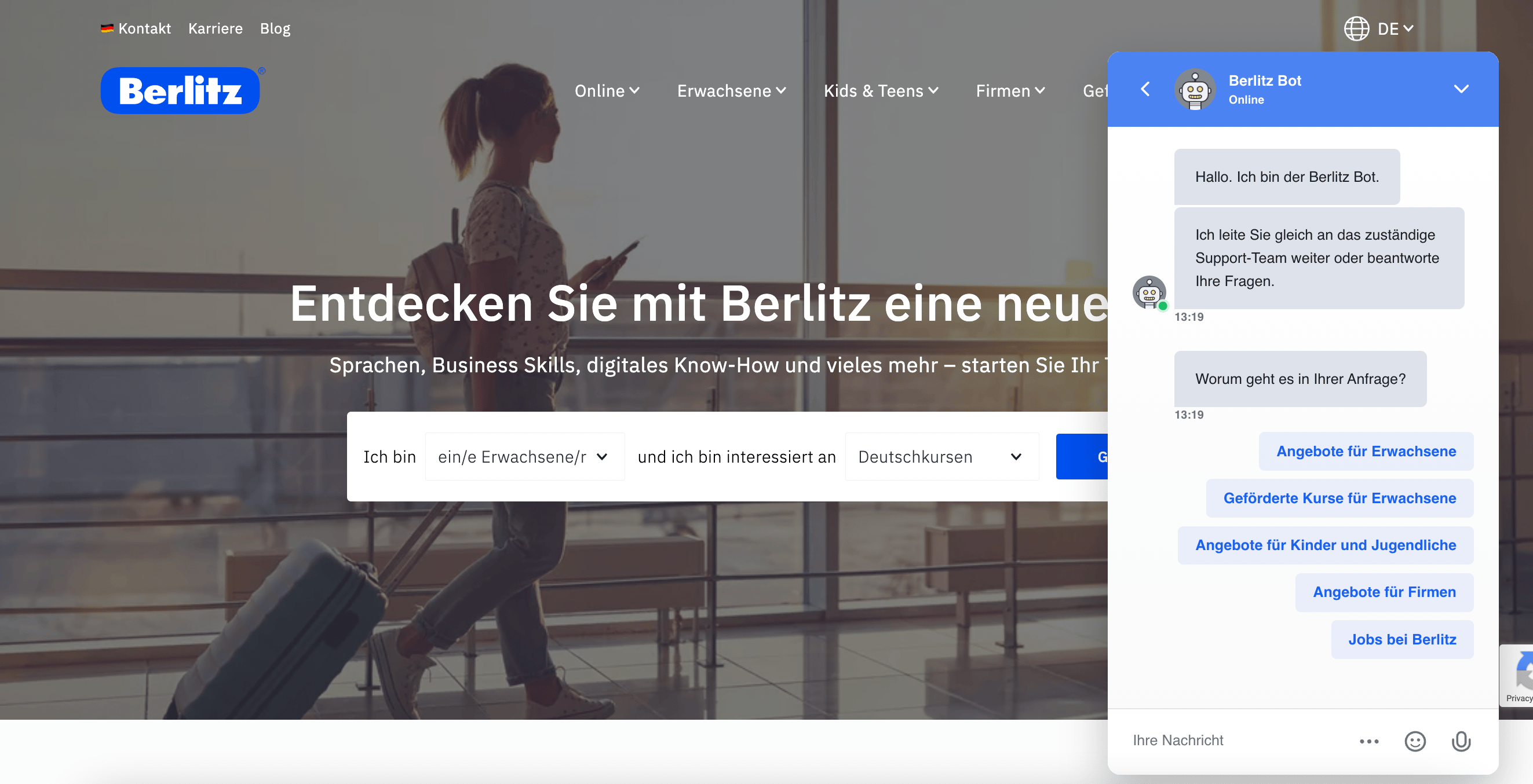 Screenshot der Website von Berlitz Deutschland mit einer Chatbot-Unterhaltung