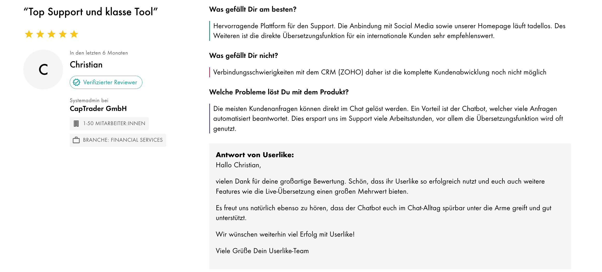 Bild einer Userlike-Kundenbewertung auf OMR-Reviews