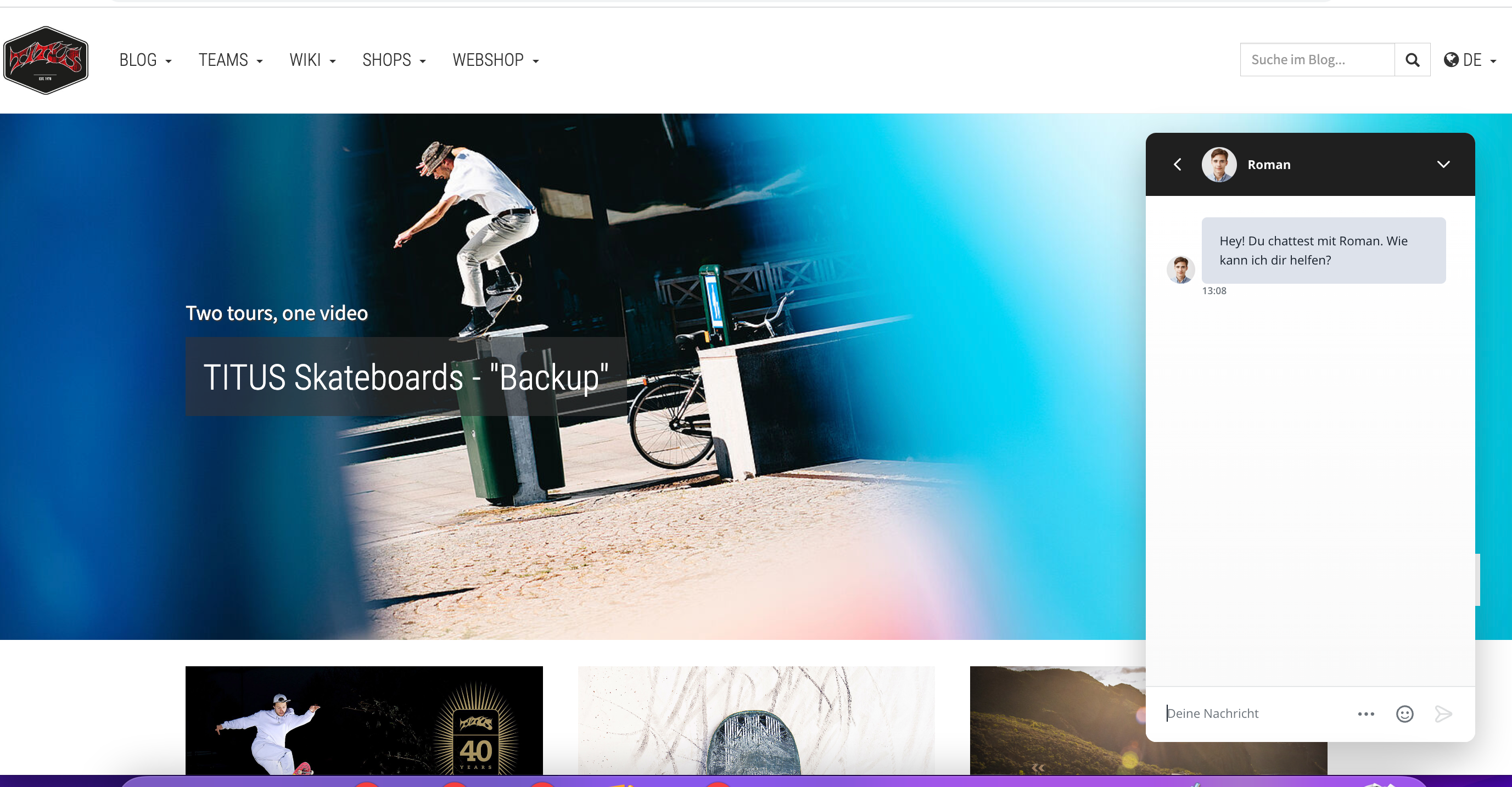 Screenshot der Titus Website mit einem Live-Chat