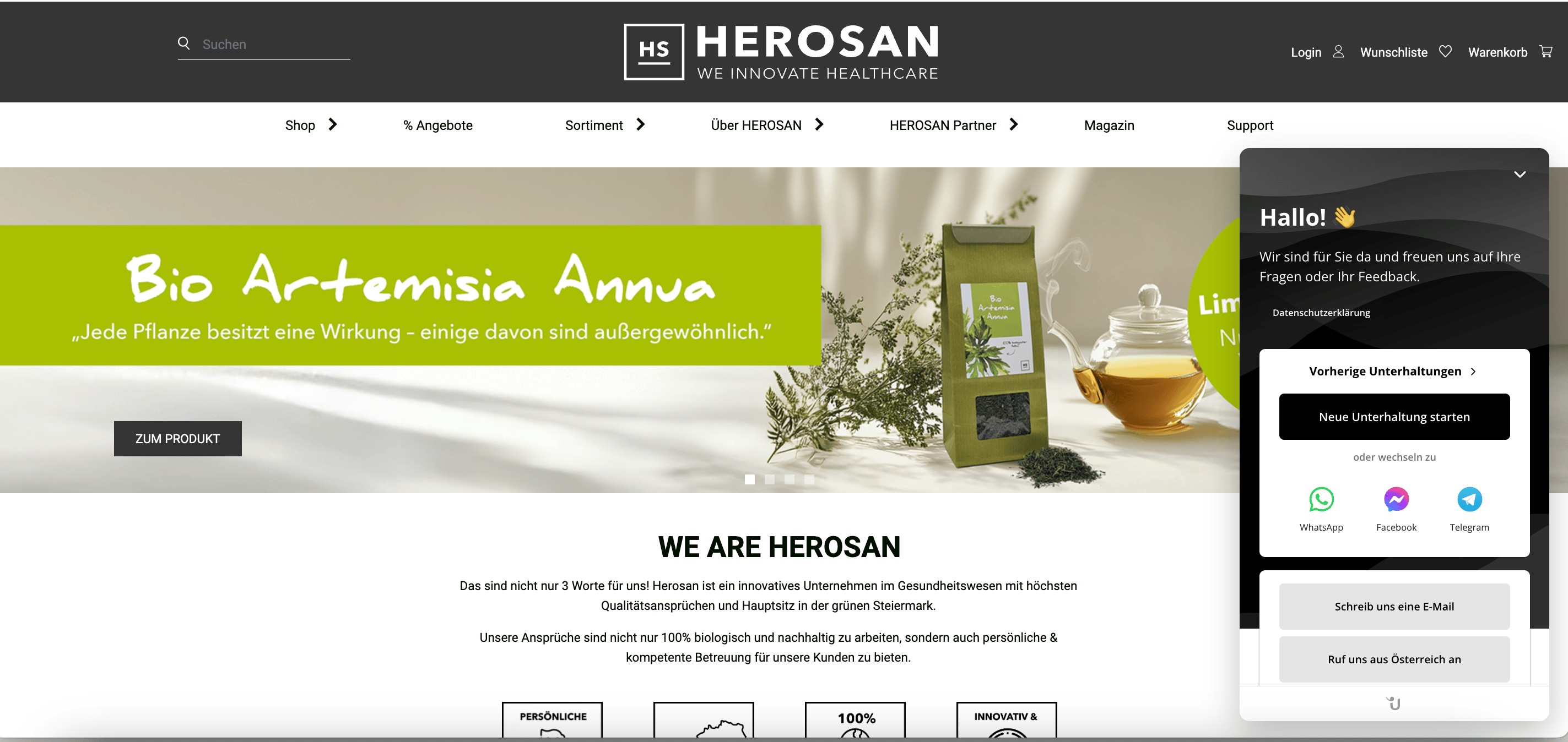 Bild der Herosan-Website mit Userlike-Kunden-Messaging-Software