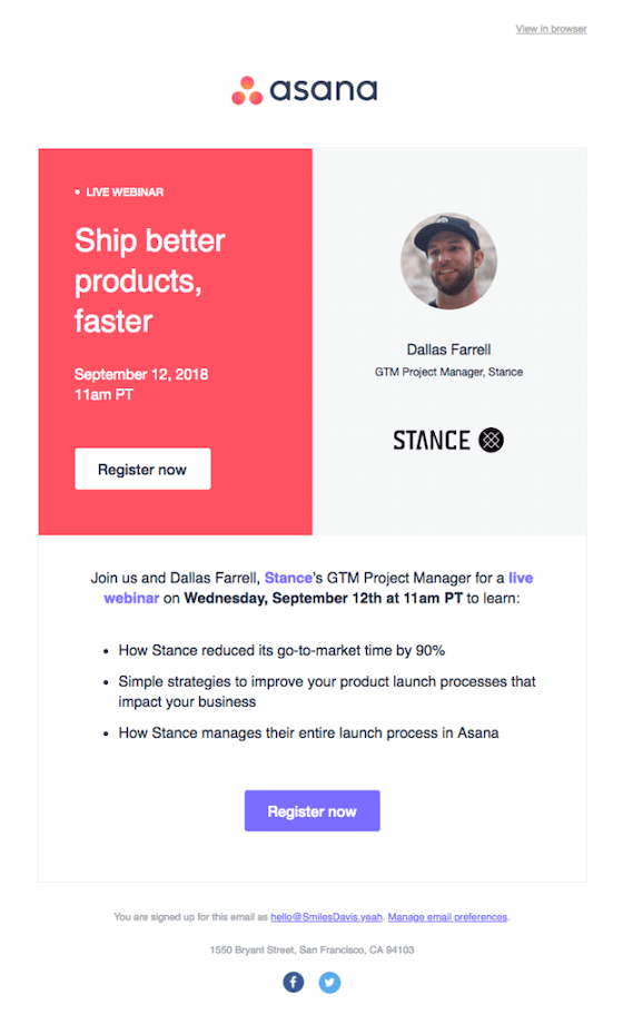 Screenshot of Asana's webinar email ad