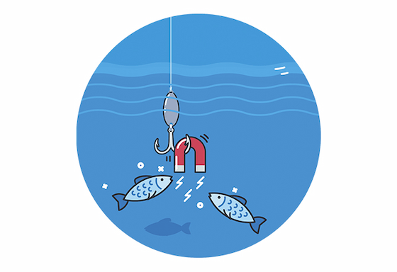 cartoon of fish swimming to magnet