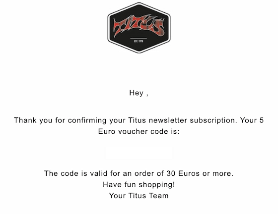 screenshot of Titus coupon sent to a subscriber