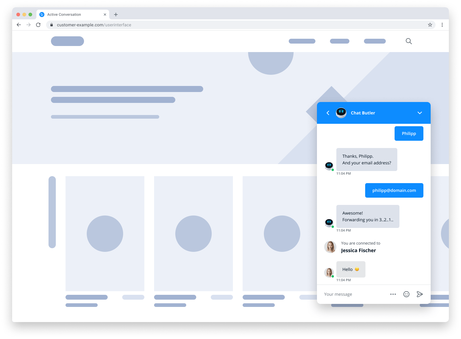 Exemple d'image d'un chatbot FAQ transférant un chat à un agent dans Userlike