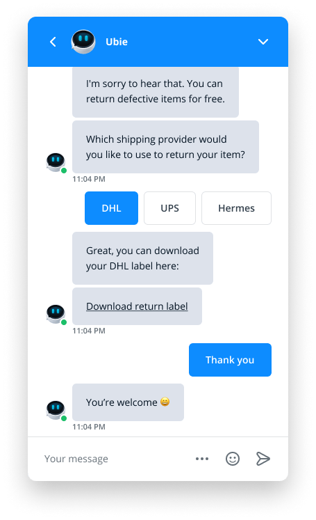 Exemple d'image du chatbot Ubie de Userlike envoyant à un client un lien pour télécharger une étiquette de retour.