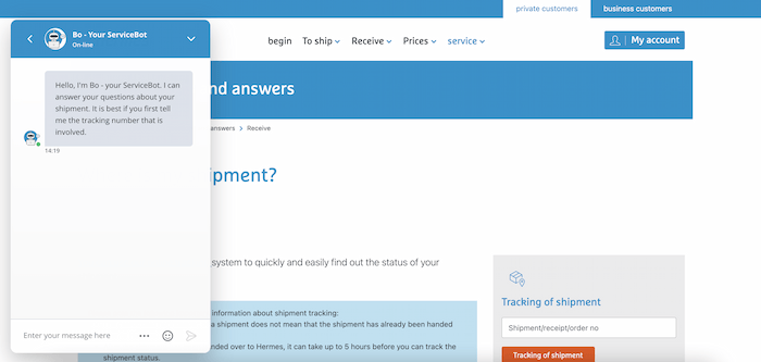 Hermes' FAQ chatbot Bo greets customer