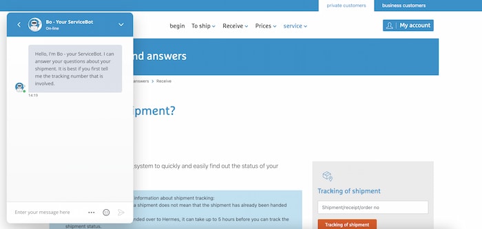 Capture d'écran du chatbot FAQ d'Hermès, Bo.