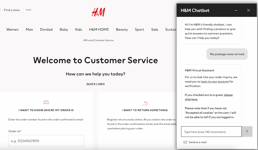 H&M customer service chatbot offers help with products and other common questions