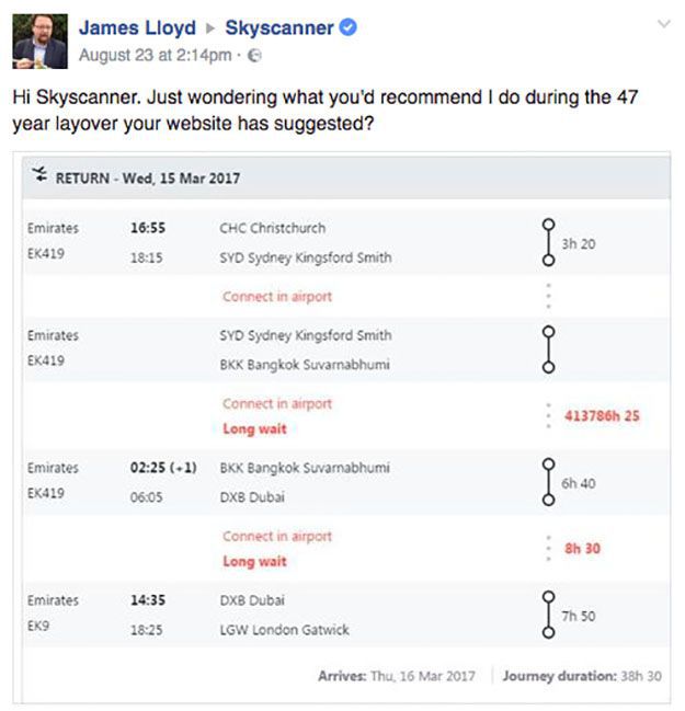 screenshot of customer posting on Facebook wall of Sky Scanner