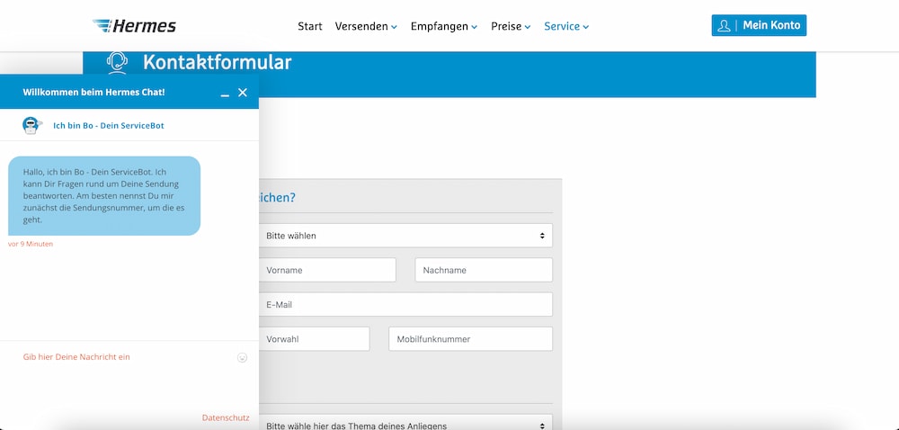 Screenshot of the Hermes website with chatbot Bo