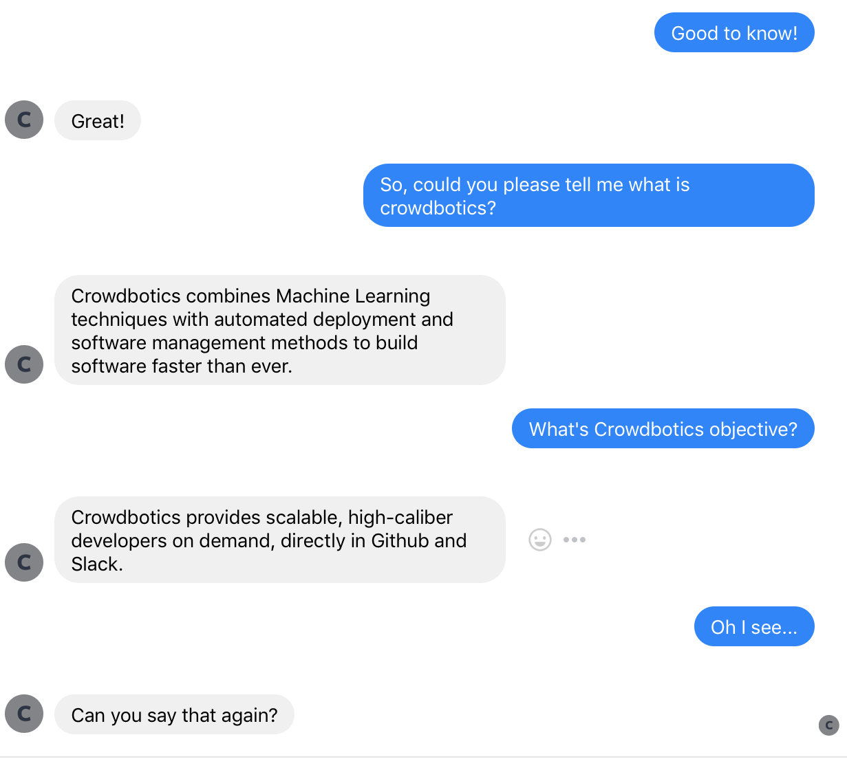 screenshot of conversation with a decision tree-based chatbot