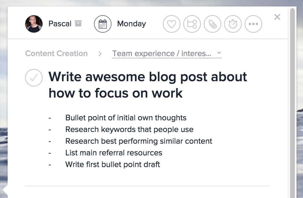 screenshot of asana task for writing this post on how to focus on work