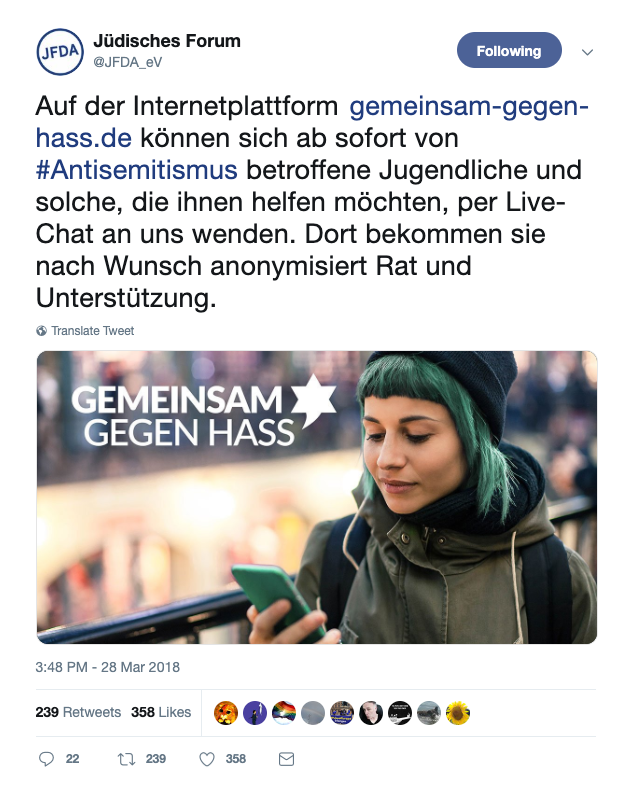 a screenshot of the Twitter post by the Jewish Forum, announcing their live chat start