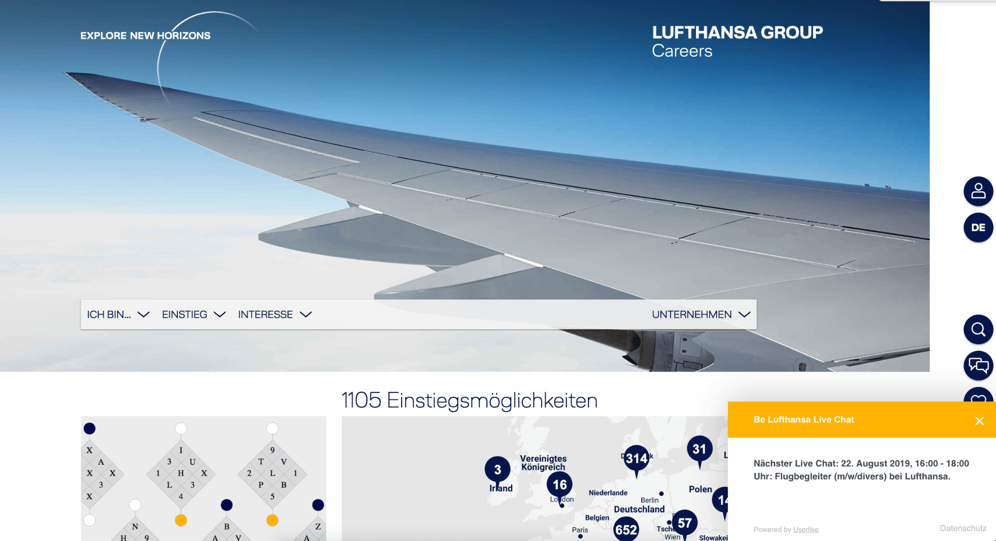a screenshot of the Lufthansa career page with a live chat window
