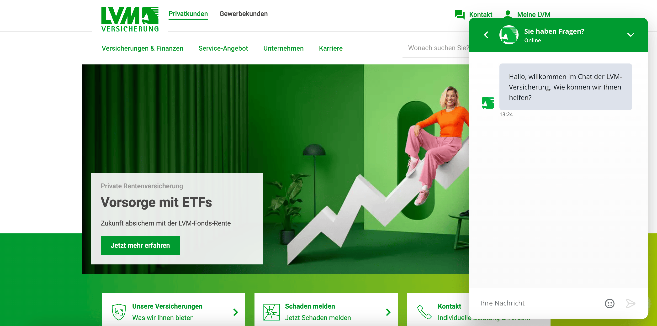 Bild der Website der LVM-Versicherung mit dem Website-Chat von Userlike