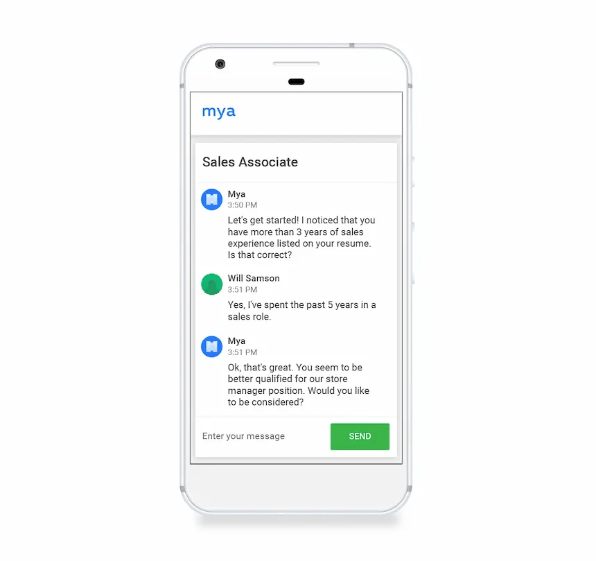 Mya HR chatbot asks candidate qualifying questions