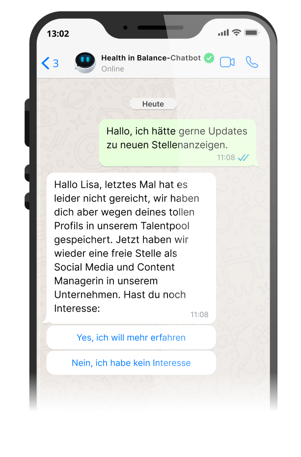 Bild einer Unterhaltung mit einem HR-Chatbot auf WhatsApp