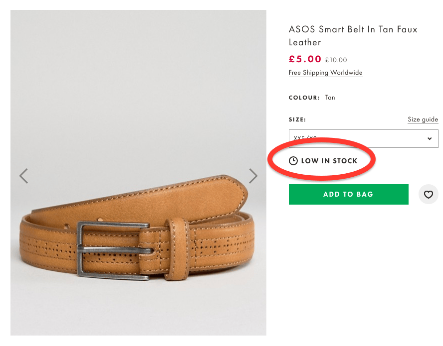 Capture d'écran de la page produit d'ASOS, avec un incitatif de rareté pour les clients