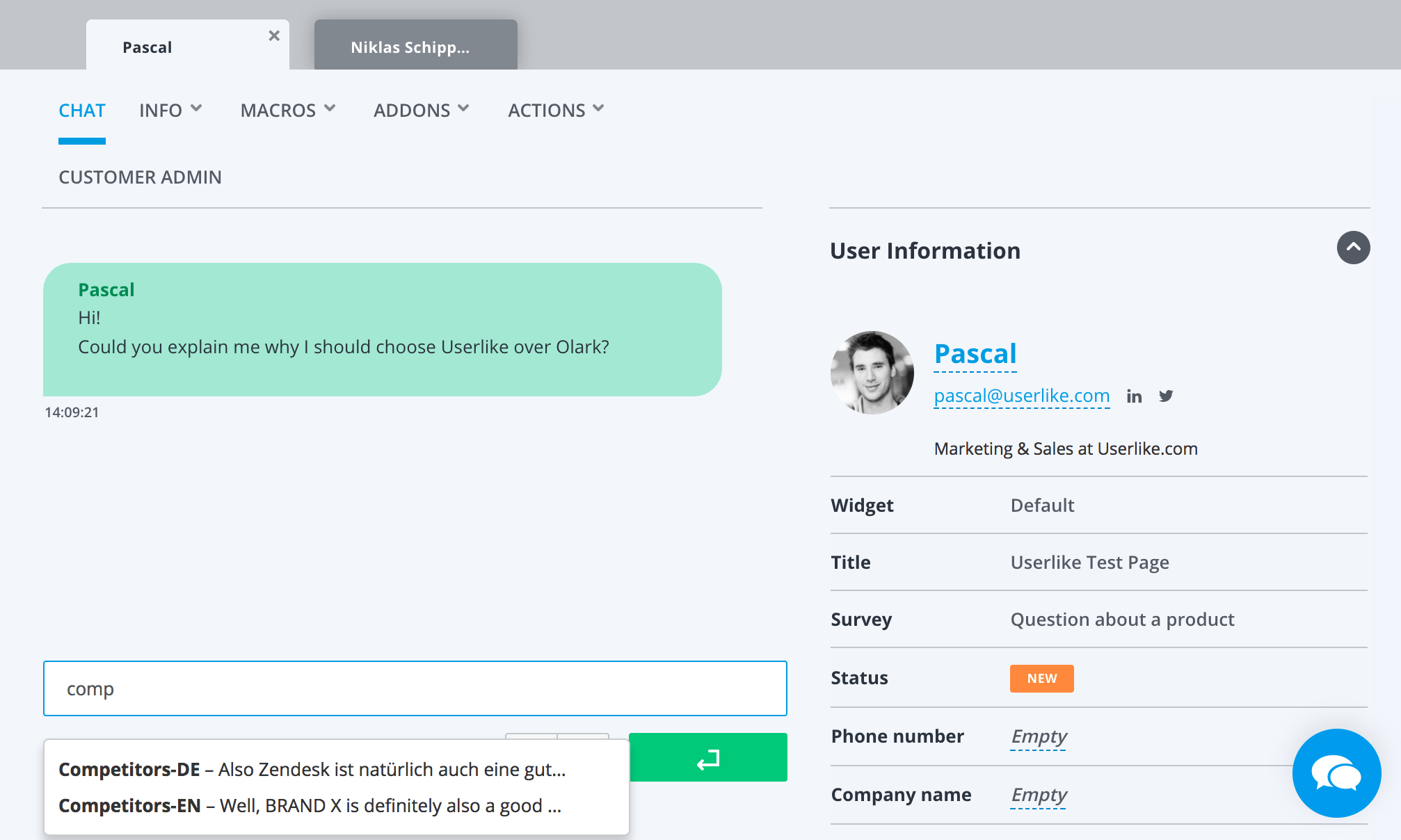 Screenshot of Userlike Chat Panel with chat macro