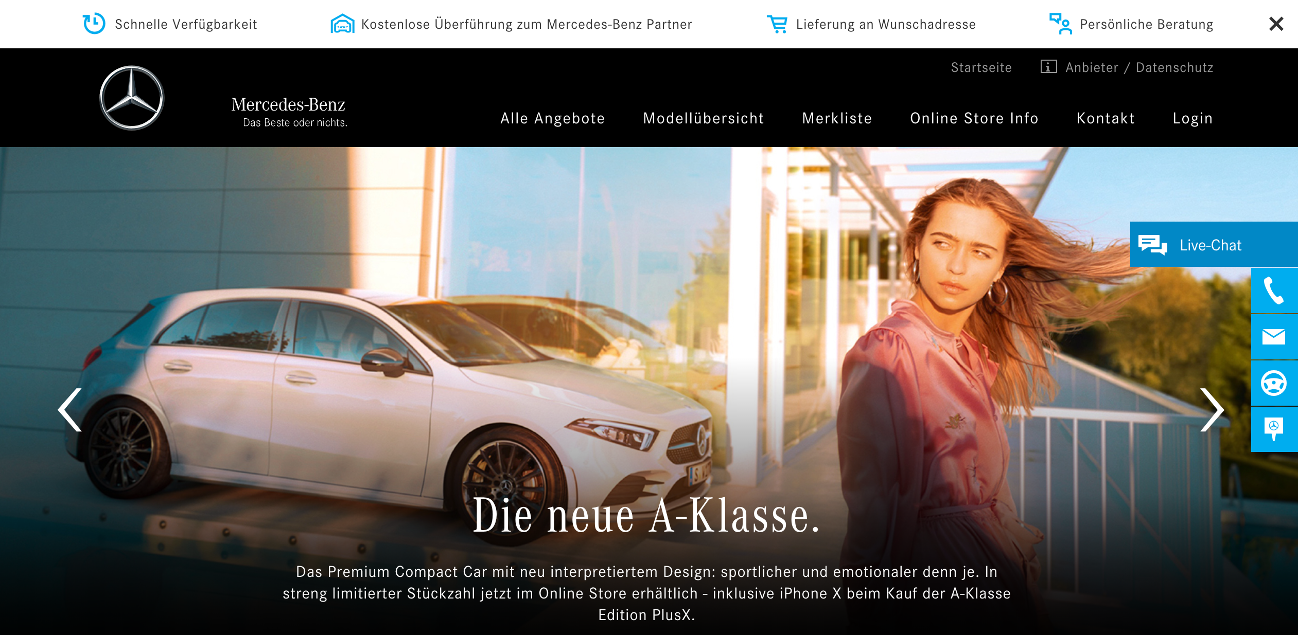 Screenshot of Mercedes website with live chat.