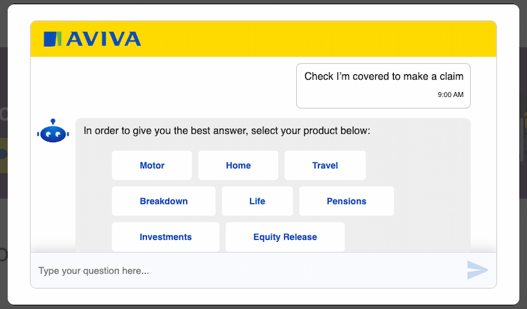 Aviva chatbot shares button opetions for making a claim
