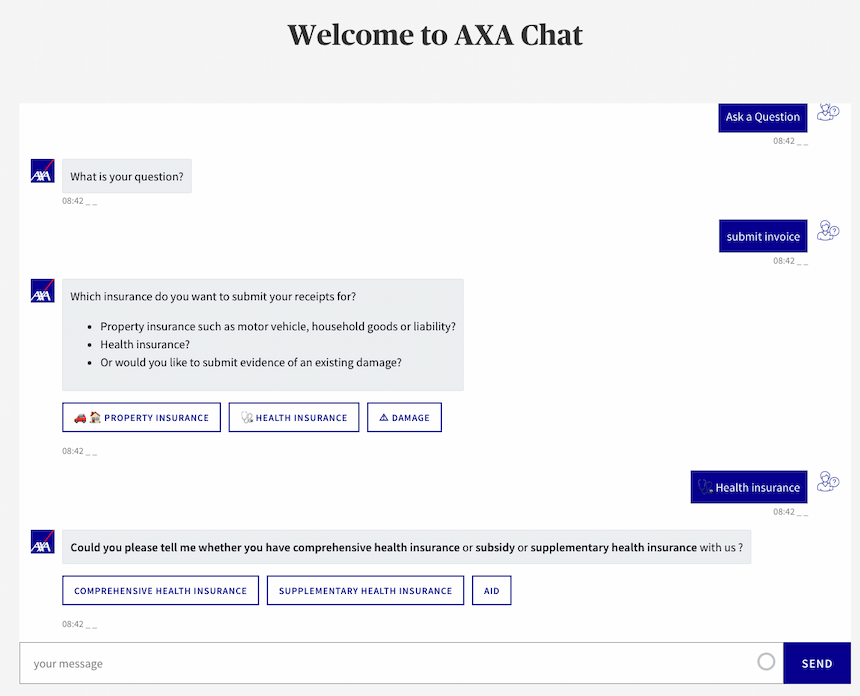 AXA customer requests to send an invoice via the AXA Chat