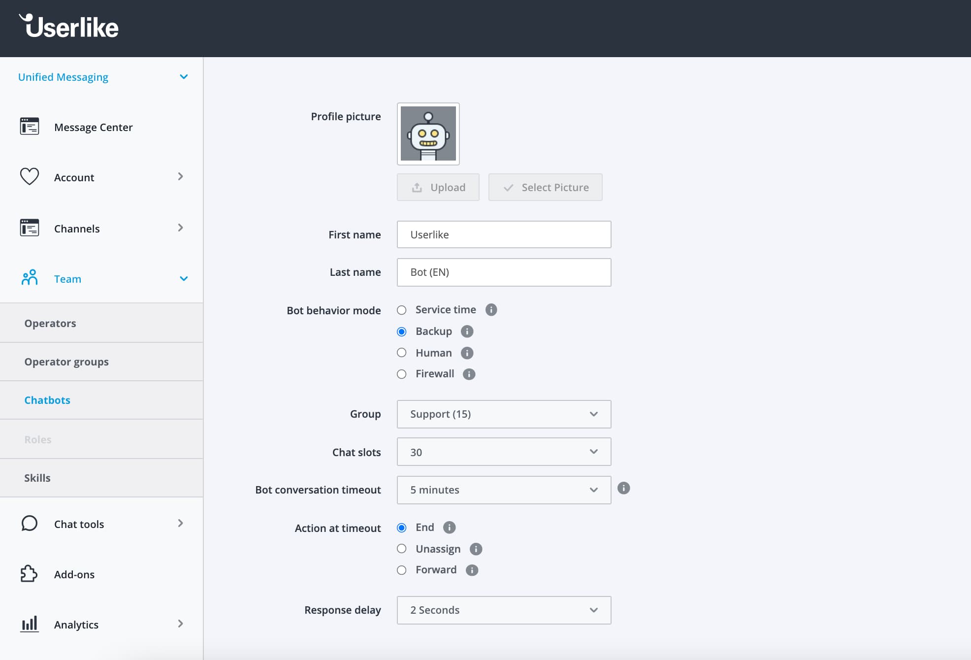 Una imagen del panel de control de Userlike mostrando la configuración del chatbot