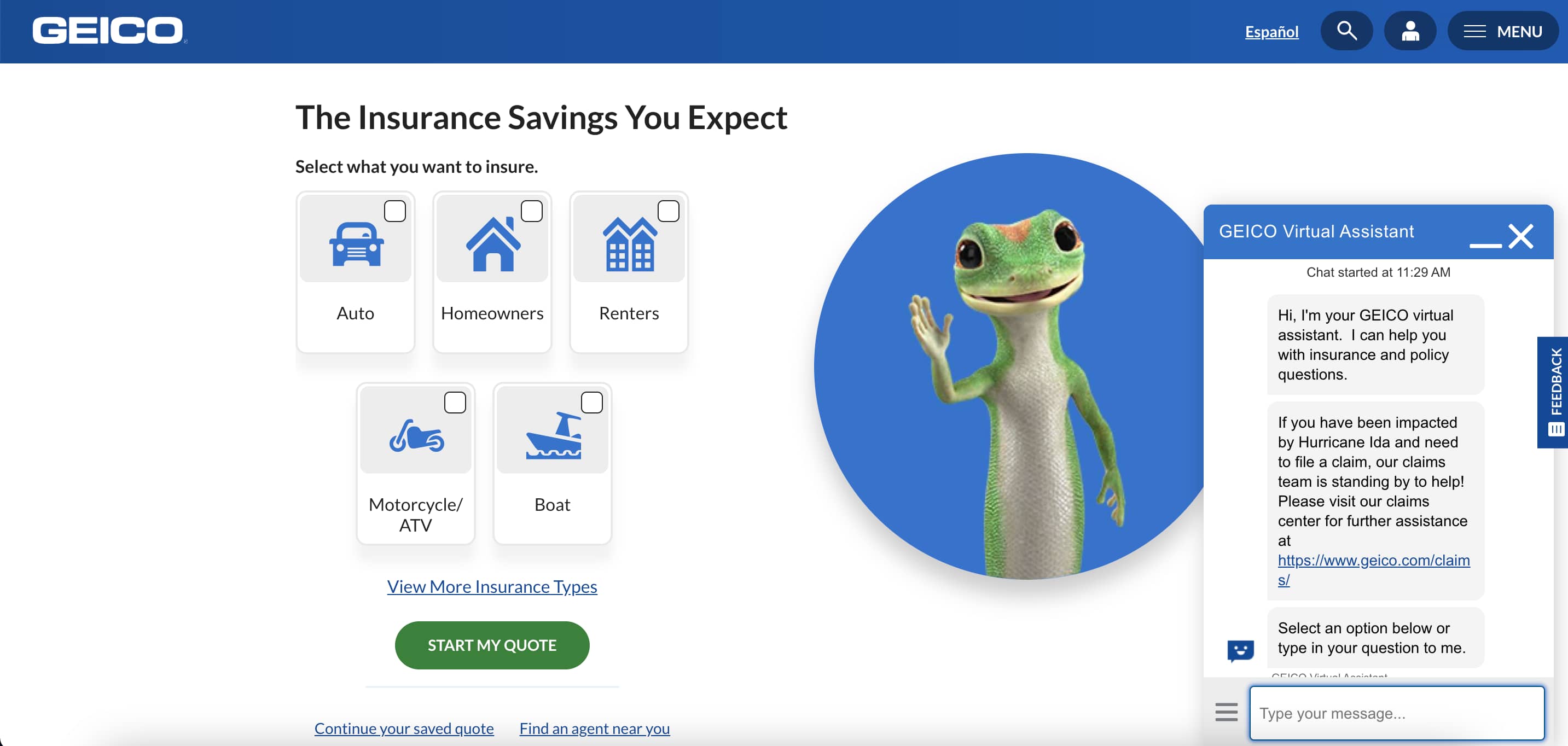 Un pantallazo del chatbot en el sitio web de la compañía de seguros Geico