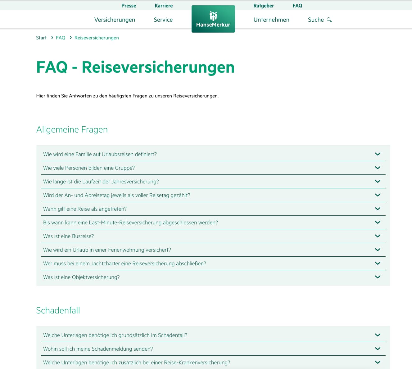 Screenshot der Hanse Merkur FAQ-Reiseversicherungen Website