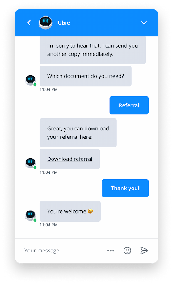 chatbot sending a download link in chat