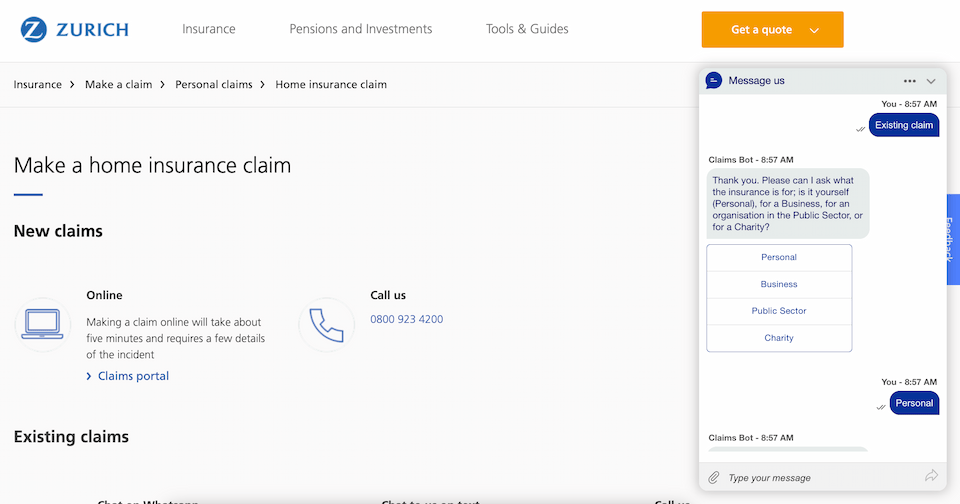 Zurich Claims Bot assists user with personal insurance
