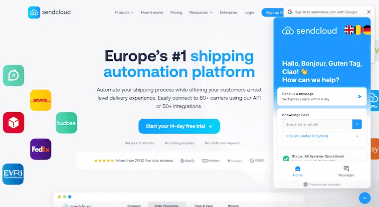 Intercom chat widget on sendcloud website