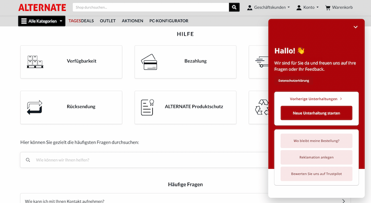 Userlikes Website-Messenger und Smart FAQ auf Alternate-Website.