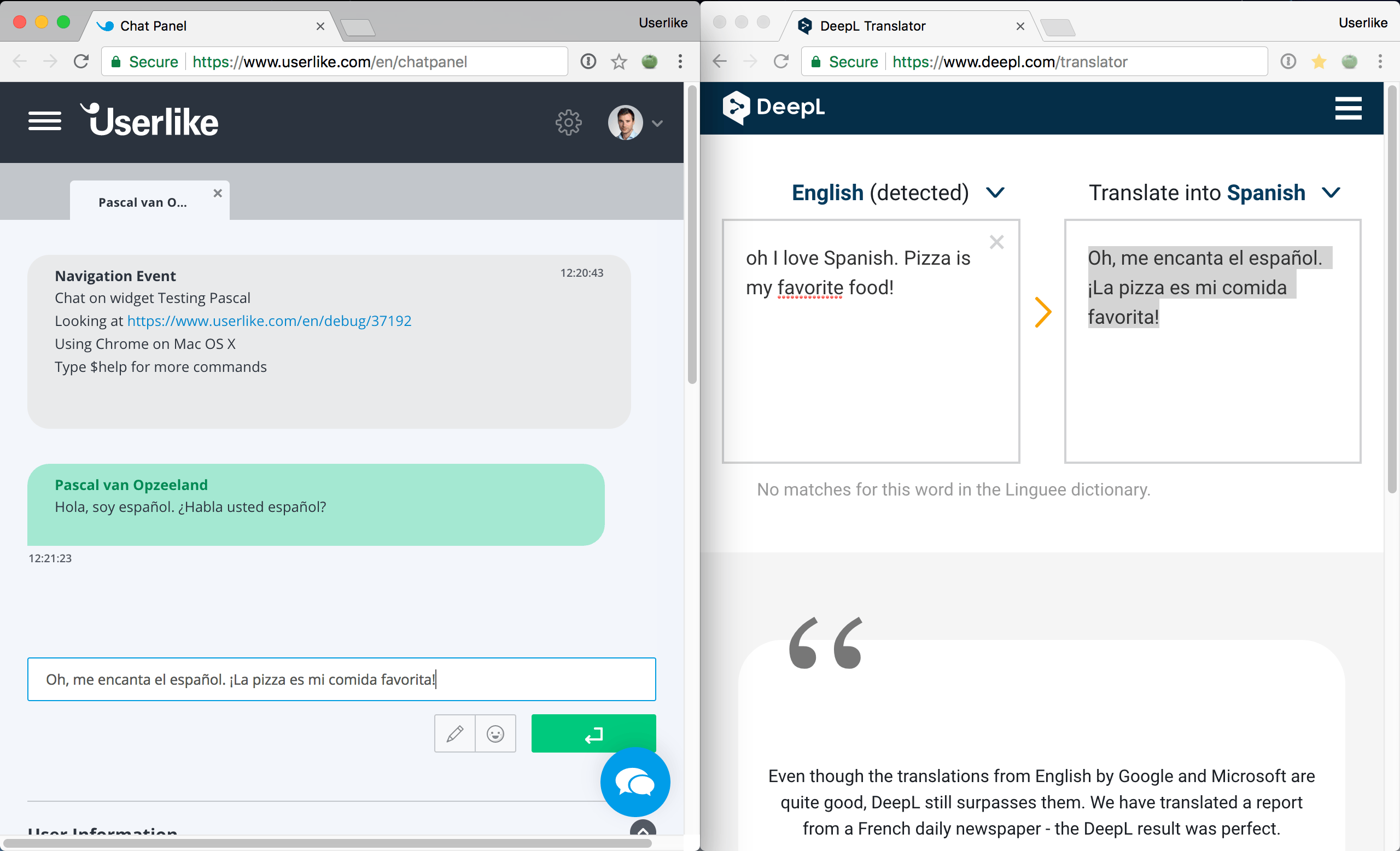 Chat Panel and Deepl in two browsers.