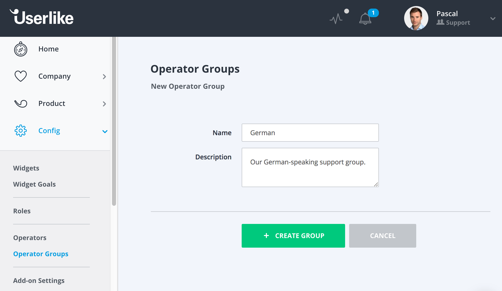 The Userlike Operator Group setup.