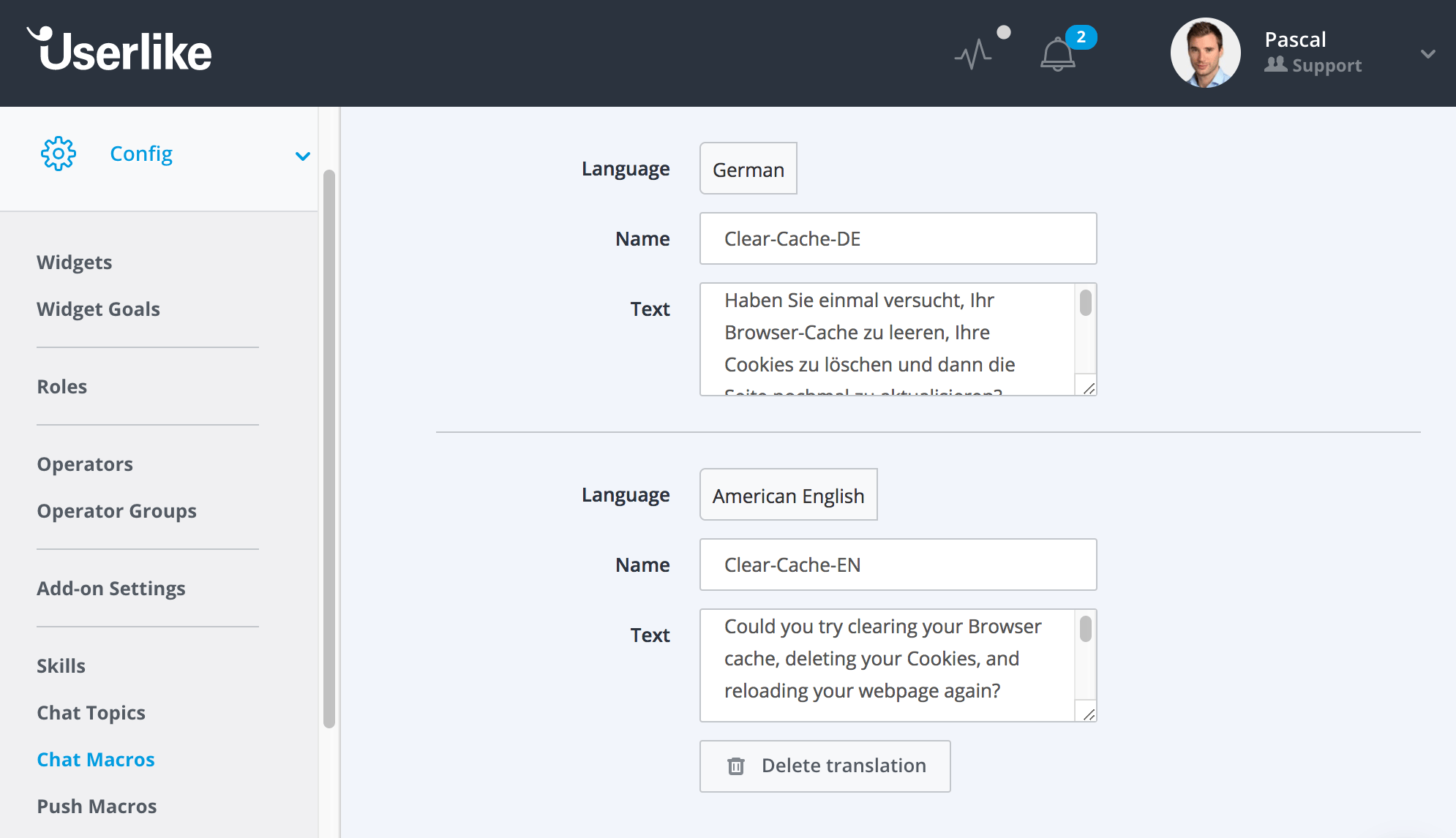 Canned messages translated for foreign language customers.