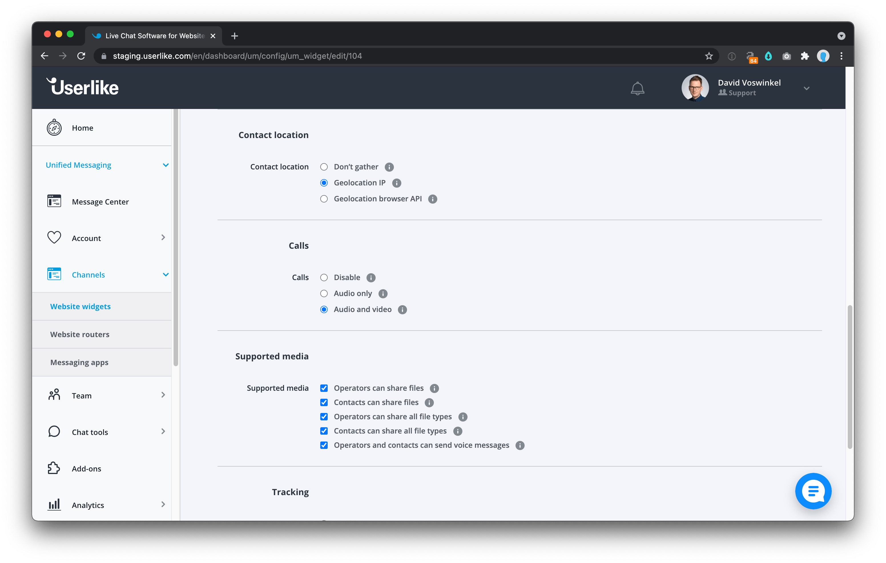 example image of the calls section in Userlike